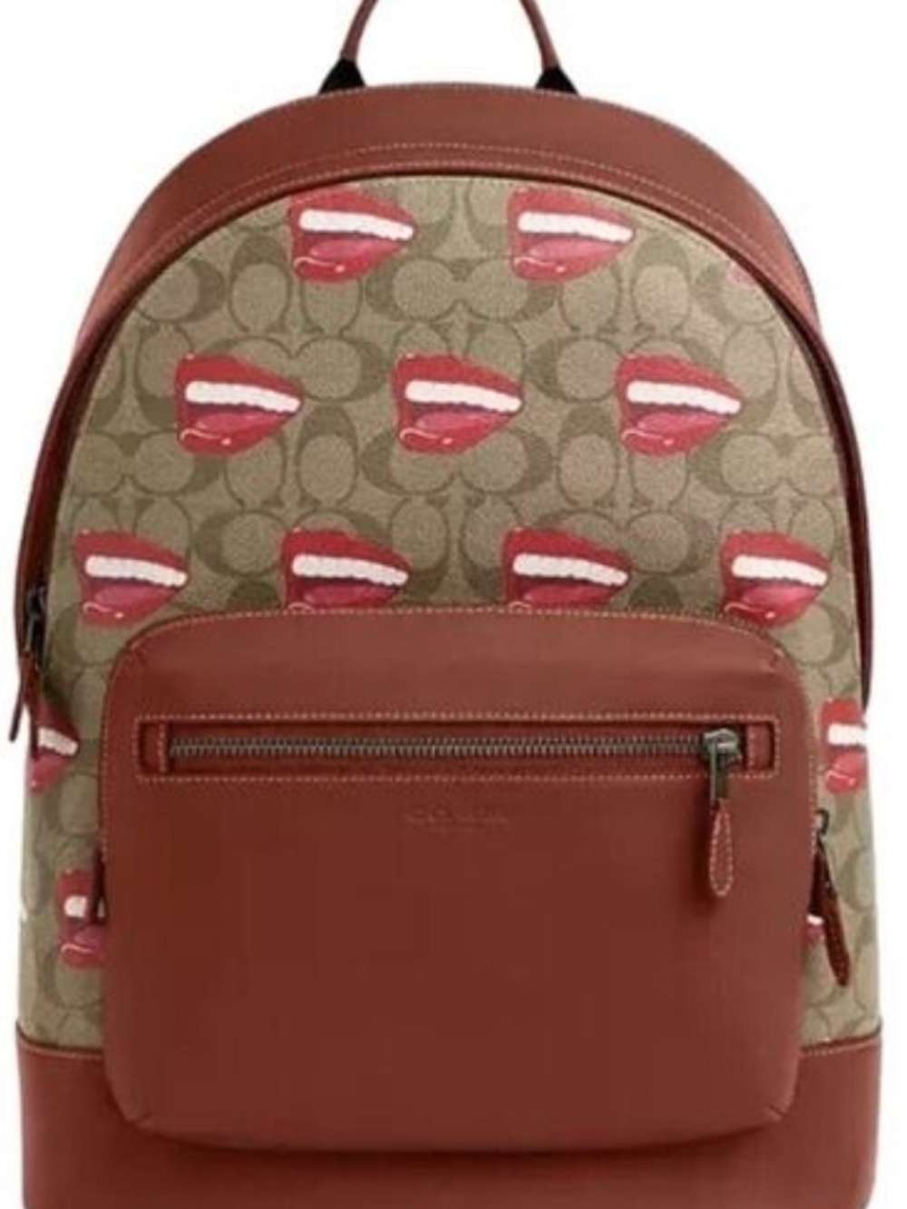 New Coach X Tom Wesselmann Tan Signature Canva Backpack Red Lip Print Bag Unisex - Picture 2 of 5